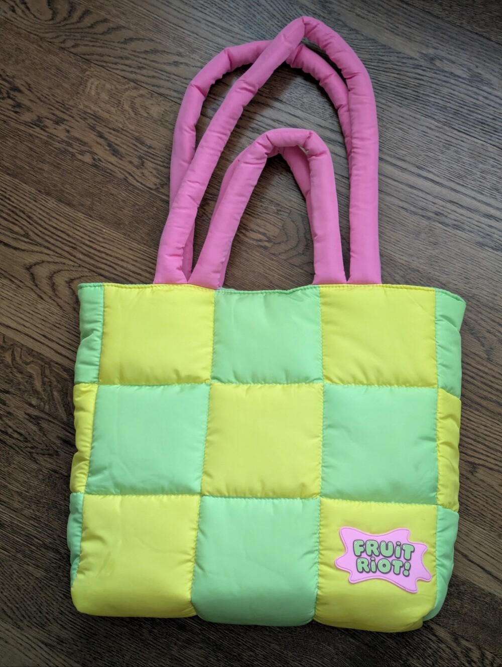 Fruit Riots Puffy Checkerboard Tote in Yellow & Mint with Pink Handles